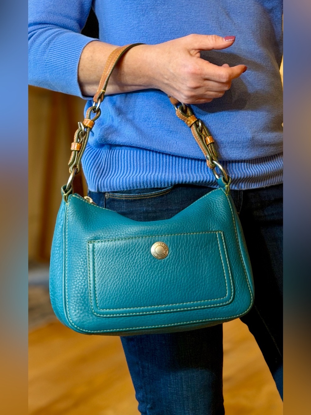 Coach Vintage Y2K 2005 Chelsea Pebbled Leather Hobo Demi Bag Teal Blue